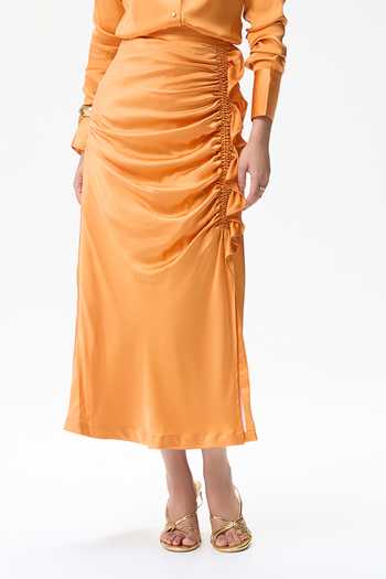 Buy Tara And I Coral Silk Satin Side Ruched Skirt Online at Aza Fashions Buy_Tara And I_Coral Silk Satin Side Ruched Skirt _Online_at_Aza_Fashions