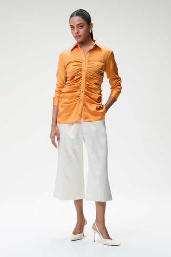 Tara And I Coral Silk Satin Collared Neck Bustier Shirt Online at Aza Fashions Tara And I_Coral Silk Satin Collared Neck Bustier Shirt _Online_at_Aza_Fashions