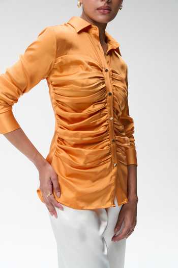 Buy Tara And I Coral Silk Satin Collared Neck Bustier Shirt Online at Aza Fashions Buy_Tara And I_Coral Silk Satin Collared Neck Bustier Shirt _Online_at_Aza_Fashions