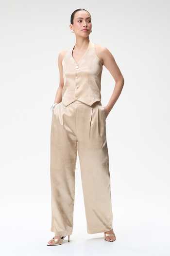 Buy Tara And I Beige Silk Halter Neck Champagne Waistcoat Online at Aza Fashions Buy_Tara And I_Beige Silk Halter Neck Champagne Waistcoat _Online_at_Aza_Fashions