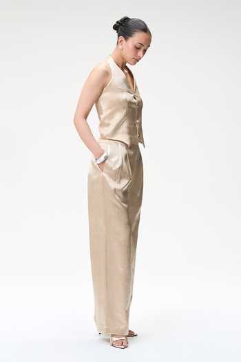 Tara And I Beige Silk Champagne Pleated Trouser Online at Aza Fashions Tara And I_Beige Silk Champagne Pleated Trouser _Online_at_Aza_Fashions