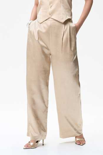 Buy Tara And I Beige Silk Champagne Pleated Trouser Online at Aza Fashions Buy_Tara And I_Beige Silk Champagne Pleated Trouser _Online_at_Aza_Fashions