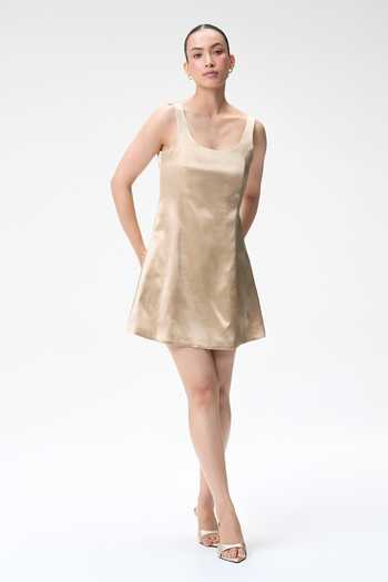 Tara And I Beige Silk Round Neck Champagne Bubble Sleeve Crop Jacket Online at Aza Fashions Tara And I_Beige Silk Round Neck Champagne Bubble Sleeve Crop Jacket _Online_at_Aza_Fashions