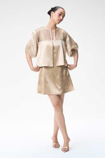 Buy Tara And I Beige Silk Round Neck Champagne Bubble Sleeve Crop Jacket Online at Aza Fashions Buy_Tara And I_Beige Silk Round Neck Champagne Bubble Sleeve Crop Jacket _Online_at_Aza_Fashions