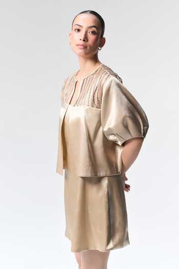 Shop Tara And I Beige Silk Round Neck Champagne Bubble Sleeve Crop Jacket Online at Aza Fashions Shop_Tara And I_Beige Silk Round Neck Champagne Bubble Sleeve Crop Jacket _Online_at_Aza_Fashions