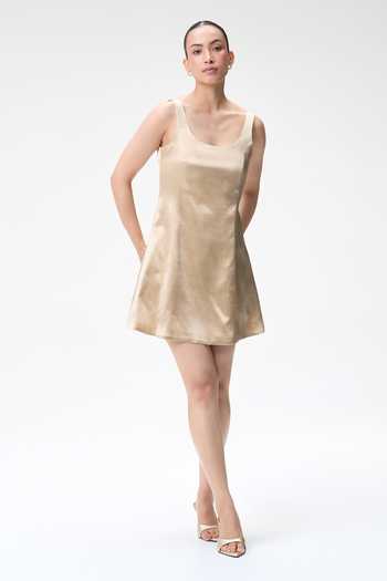 Tara And I Beige Silk Scoop Neck Champagne Mini Dress Online at Aza Fashions Tara And I_Beige Silk Scoop Neck Champagne Mini Dress _Online_at_Aza_Fashions