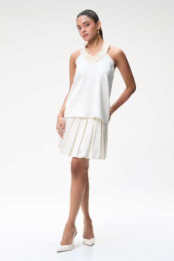 Tara And I_Ivory , Organza Halter Neck Ruffle Top _Online_at_Aza_Fashions