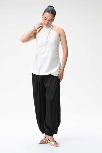 Tara And I_Ivory Silk Satin Halter Neck Bubble Top _Online_at_Aza_Fashions