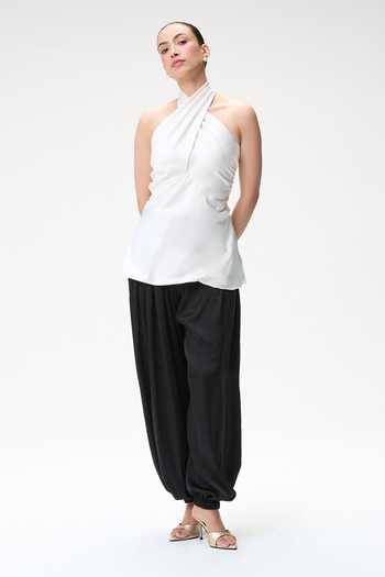 Buy_Tara And I_Ivory Silk Satin Halter Neck Bubble Top _Online_at_Aza_Fashions