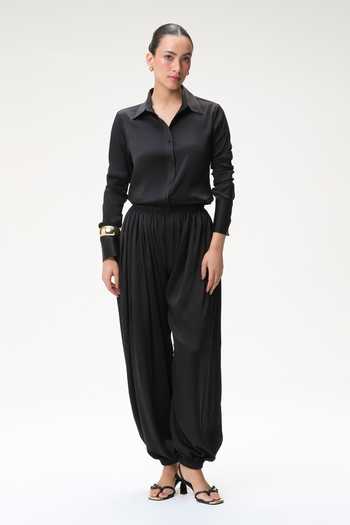 Tara And I Black Silk Satin Collared Neck Shirt Online at Aza Fashions Tara And I_Black Silk Satin Collared Neck Shirt _Online_at_Aza_Fashions