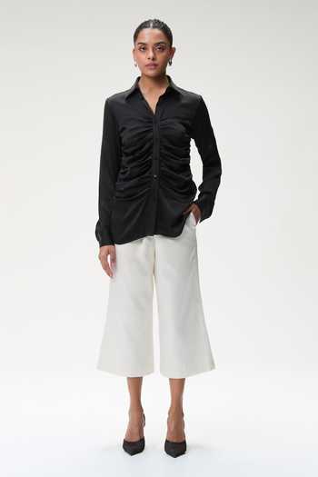 Tara And I_Black Silk Satin Collared Neck Bustier Shirt _Online_at_Aza_Fashions