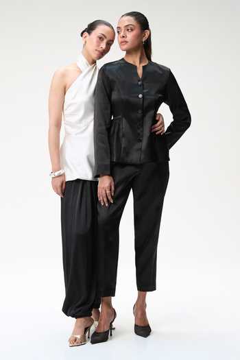 Tara And I_Black Silk Keyhole Neck Peplum Jacket _Online_at_Aza_Fashions