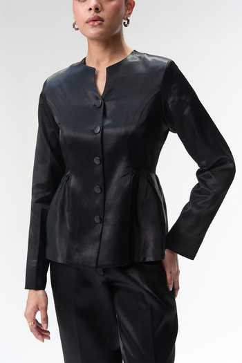 Buy_Tara And I_Black Silk Keyhole Neck Peplum Jacket _Online_at_Aza_Fashions