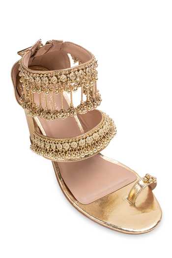 Shop 5elements Gold Mehrun Bead Embellished Block Heels Online at Aza Fashions Shop_5elements_Gold Mehrun Bead Embellished Block Heels _Online_at_Aza_Fashions