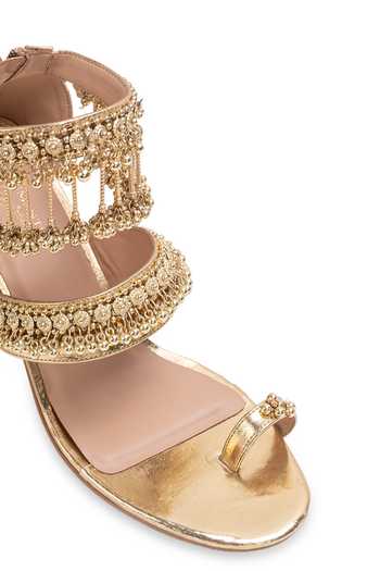 5elements Gold Mehrun Bead Embellished Block Heels at Aza Fashions 5elements_Gold Mehrun Bead Embellished Block Heels _at_Aza_Fashions