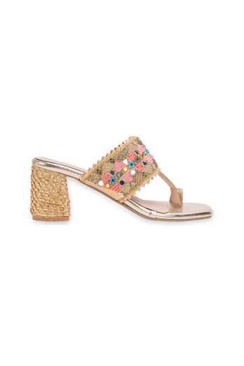 5elements_Gold Rangmahal Mirror Work Heels _Online_at_Aza_Fashions