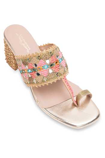 Shop_5elements_Gold Rangmahal Mirror Work Heels _Online_at_Aza_Fashions