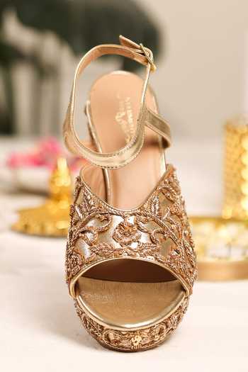 5elements_Gold Shehzaadi Floral Embroidered Heels _at_Aza_Fashions