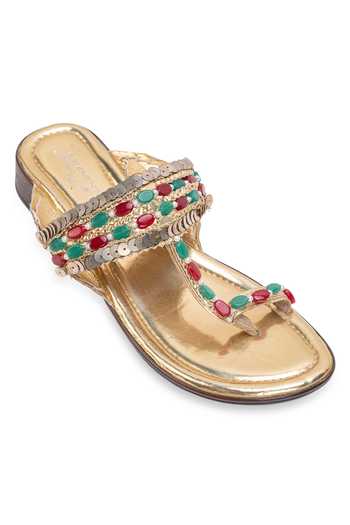 Buy_5elements_Gold Rangrez Embellished Kolhapuri Flats _Online_at_Aza_Fashions