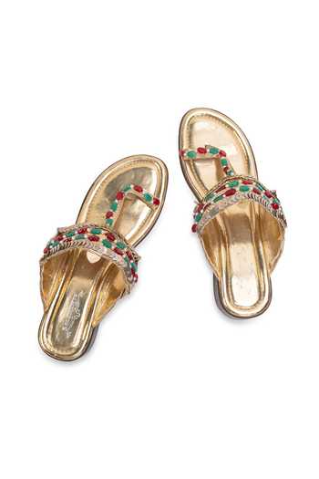 Shop_5elements_Gold Rangrez Embellished Kolhapuri Flats _Online_at_Aza_Fashions