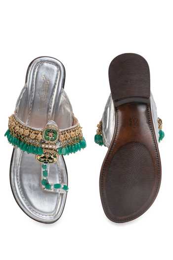5elements_Silver Aabroo Embellished Kolhapuri Flats _at_Aza_Fashions
