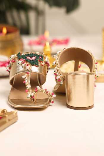 5elements_Gold Pankhuri Pearl Embellished Heels _at_Aza_Fashions