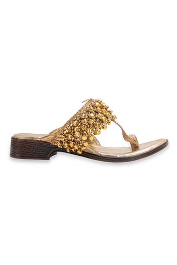 5elements_Gold Zarqash Ghungroo Embellished Kolhapuri Flats _Online_at_Aza_Fashions