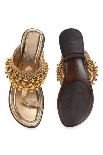 Shop_5elements_Gold Zarqash Ghungroo Embellished Kolhapuri Flats _Online_at_Aza_Fashions
