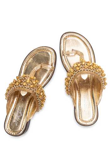 5elements_Gold Zarqash Ghungroo Embellished Kolhapuri Flats _at_Aza_Fashions