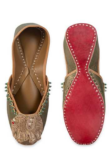 5elements Olive Green Zarmeen Elephant Embroidered Juttis at Aza Fashions 5elements_Olive Green Zarmeen Elephant Embroidered Juttis _at_Aza_Fashions