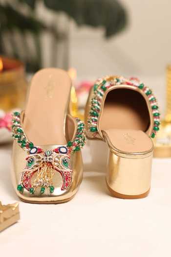 5elements_Gold Mayurakshi Bead Embellished Mule Heels _at_Aza_Fashions