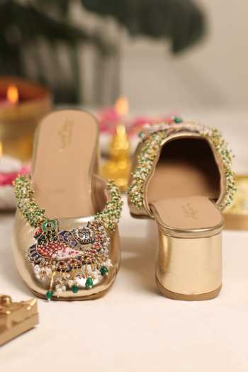 Shop 5elements Gold Neelmayuri Embellished Mule Heels Online at Aza Fashions Shop_5elements_Gold Neelmayuri Embellished Mule Heels _Online_at_Aza_Fashions
