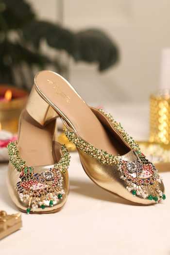 Shop 5elements Gold Neelmayuri Embellished Mule Heels Shop_5elements_Gold Neelmayuri Embellished Mule Heels