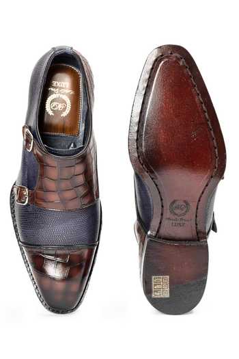 Shop Domani Brown Komodo Patina Leather Monkstrap Shoes Online at Aza Fashions Shop_Domani_Brown Komodo Patina Leather Monkstrap Shoes _Online_at_Aza_Fashions