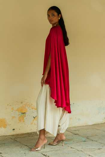 Deep Thee_Fuchsia Silk, Shantoon One Shoulder Asymmetric Cape And Draped Pant Set _Online_at_Aza_Fashions