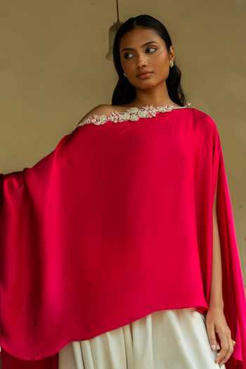 Buy_Deep Thee_Fuchsia Silk, Shantoon One Shoulder Asymmetric Cape And Draped Pant Set _Online_at_Aza_Fashions