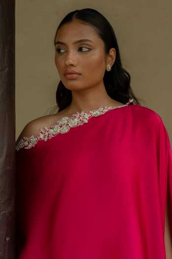 Shop_Deep Thee_Fuchsia Silk, Shantoon One Shoulder Asymmetric Cape And Draped Pant Set _Online_at_Aza_Fashions