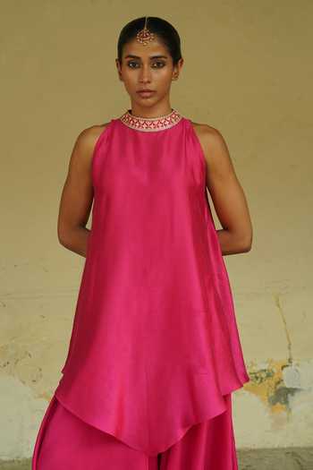 Buy_Deep Thee_Pink Silk Choker Neck, Yes Neckline Embroidered Kurta And Pant Set _Online_at_Aza_Fashions