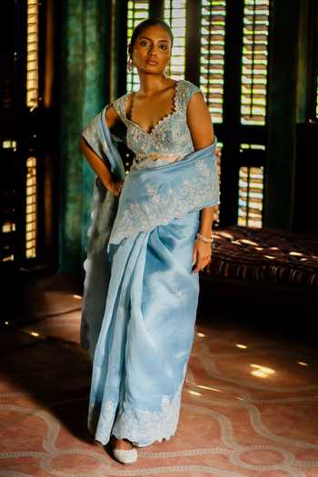 Deep Thee Blue Organza, Shantoon Sweetheart Neck Border Embroidered Saree With Blouse Online at Aza Fashions Deep Thee_Blue Organza, Shantoon Sweetheart Neck Border Embroidered Saree With Blouse _Online_at_Aza_Fashions