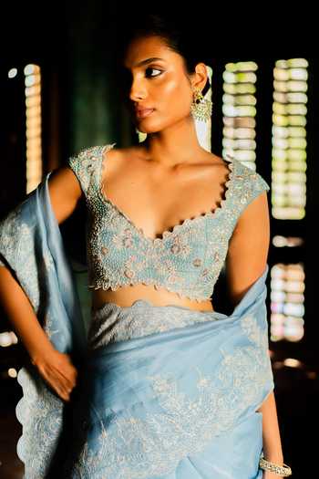 Buy Deep Thee Blue Organza, Shantoon Sweetheart Neck Border Embroidered Saree With Blouse Online at Aza Fashions Buy_Deep Thee_Blue Organza, Shantoon Sweetheart Neck Border Embroidered Saree With Blouse _Online_at_Aza_Fashions