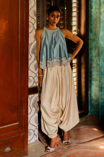 Buy_Deep Thee_Beige Silk Halter Neck Embroidered Tunic And Draped Pant Set _Online_at_Aza_Fashions