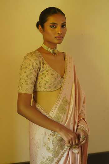 Buy_Deep Thee_Peach Silk Sweetheart Neck Embroidered Saree With Blouse _Online_at_Aza_Fashions