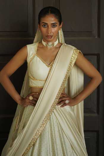 Deep Thee_Ivory Silk, Shantoon V-neck Hand Embroidered Blouse Lehenga Set _Online_at_Aza_Fashions