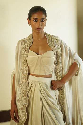 Buy_Deep Thee_Ivory Silk, Shantoon Sweetheart Neck Embroidered Cape Skirt Set _Online_at_Aza_Fashions