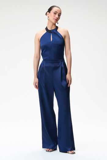 Tara And I Midnight Blue Silk Jumpsuit With Contrast Collar