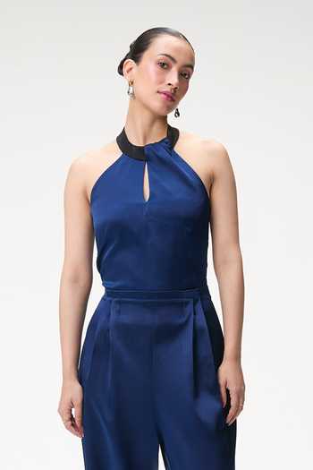Shop Tara And I Blue Silk Satin Halter Neck, Keyhole Midnight Jumpsuit With Contrast Collar Online at Aza Fashions Shop_Tara And I_Blue Silk Satin Halter Neck, Keyhole Midnight Jumpsuit With Contrast Collar _Online_at_Aza_Fashions