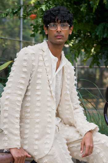 Dash and Dot Ivory Cotton, Acrylic Textured Frayed Blazer Online at Aza Fashions Dash and Dot_Ivory Cotton, Acrylic Textured Frayed Blazer _Online_at_Aza_Fashions