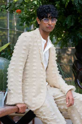 Buy Dash and Dot Ivory Cotton, Acrylic Textured Frayed Blazer Online at Aza Fashions Buy_Dash and Dot_Ivory Cotton, Acrylic Textured Frayed Blazer _Online_at_Aza_Fashions