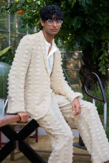 Dash And Dot_Ivory Cotton, Acrylic Textured Pattern Blazer Set _Online_at_Aza_Fashions