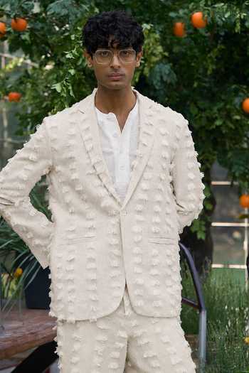 Dash And Dot_Ivory Cotton, Acrylic Textured Pattern Blazer Set _at_Aza_Fashions
